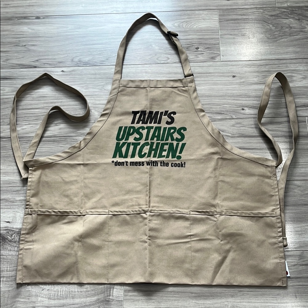 Tan and Green Kitchen Linen Apron with Bib-Style Design